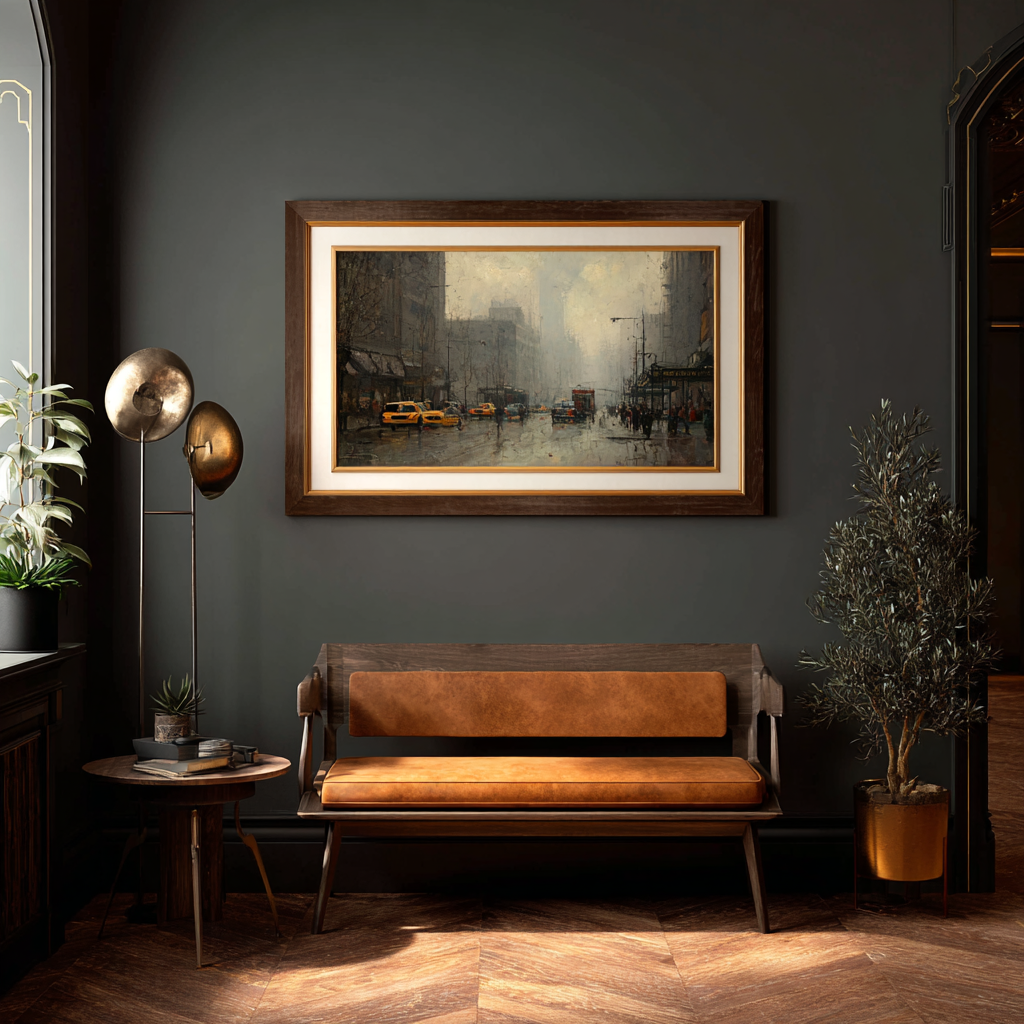 Abstract painting and brushes representing fine art.