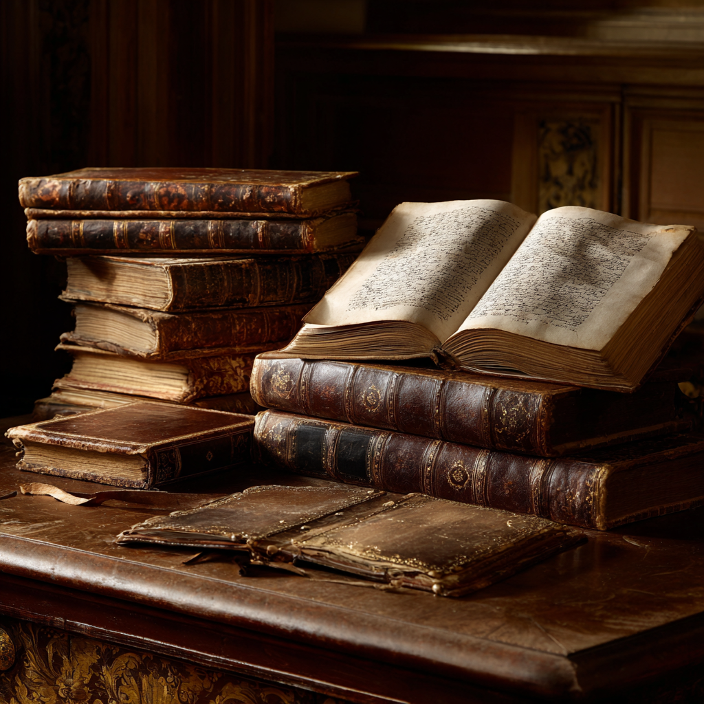 Stack of worn books and manuscript pages.